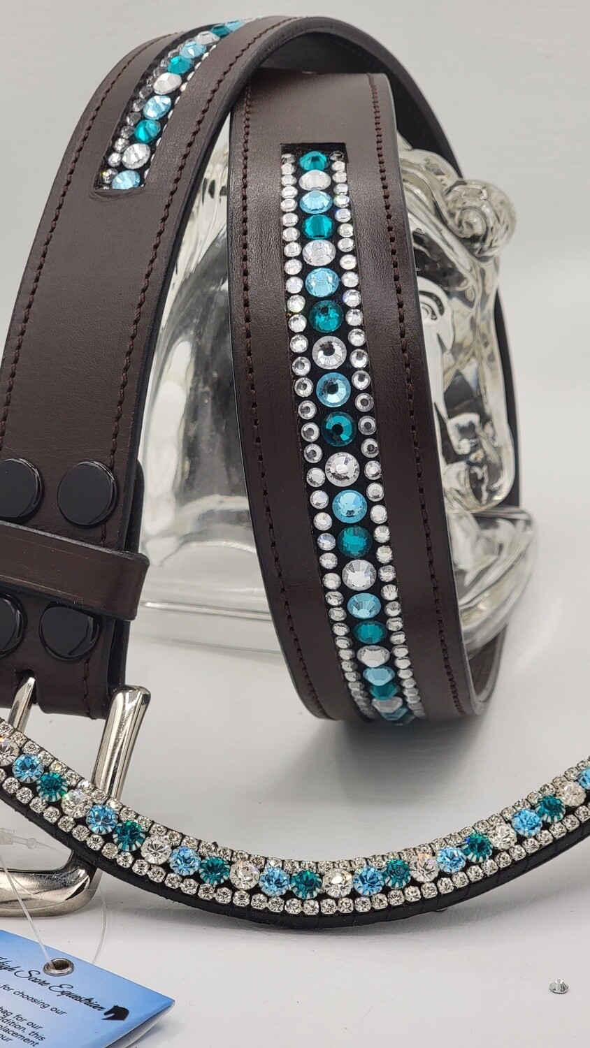 Aquamarine and Blue Zircon 3 Row “NO SNAG” Hot Fix Glass Crystal – High Quality BROWN Leather Belt - “EASY SWITCH” Snap On/Off Buckle