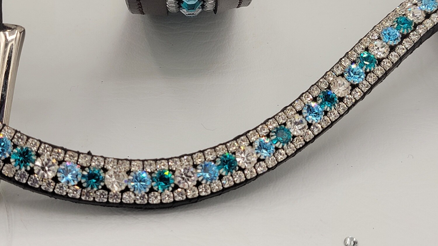 Aquamarine and Blue Zircon 3 Row PRECIOSA Glass Crystal Easy Snap On/Off – BLACK Leather Browband