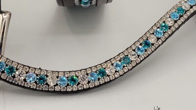 Aquamarine and Blue Zircon 3 Row PRECIOSA Glass Crystal Easy Snap On/Off – BLACK Leather Browband