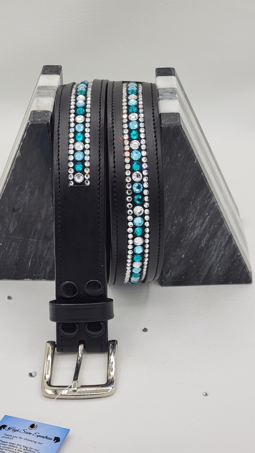 Aquamarine, Blue Zircon and Clear 3 Row “NO SNAG” Hot Fix Glass Crystal – High Quality BLACK Leather Belt - “EASY SWITCH” Snap On/Off Buckle