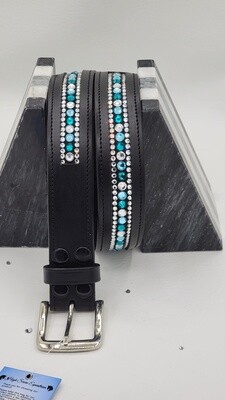 Aquamarine, Blue Zircon and Clear 3 Row “NO SNAG” Hot Fix Glass Crystal – High Quality BLACK Leather Belt - “EASY SWITCH” Snap On/Off Buckle