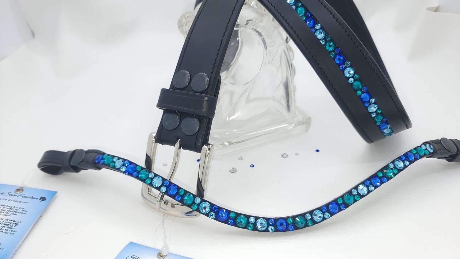 Aquamarine, Blue Zircon and Sapphire Mix Hot Fix “NO SNAG” Glass Crystal Easy Snap On/Off – BLACK Leather Browband