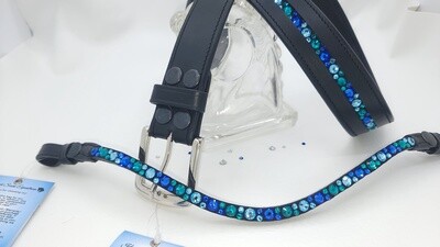 Aquamarine, Blue Zircon and Sapphire Mix Hot Fix “NO SNAG” Glass Crystal Easy Snap On/Off – BLACK Leather Browband