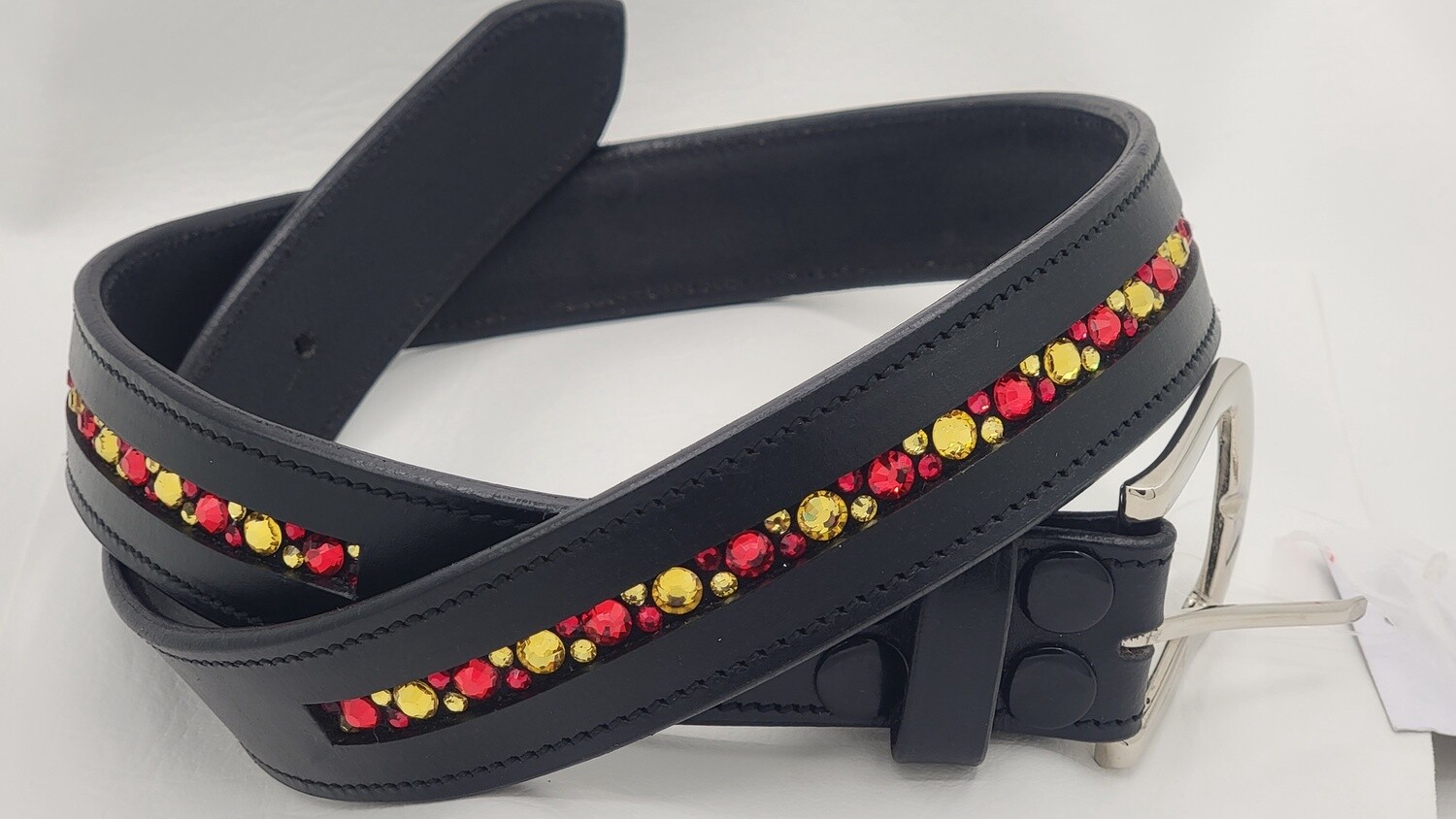 Citrine and Siam 1 Row - Mix Pattern “NO SNAG” Glass Crystal – High Quality BLACK Leather Belt - “EASY SWITCH” Snap On/Off Buckle