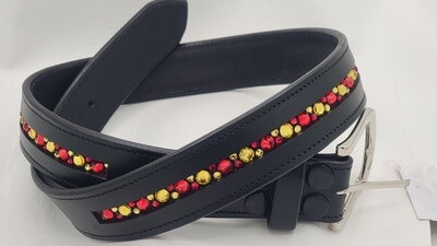 Citrine and Siam 1 Row - Mix Pattern “NO SNAG” Glass Crystal – High Quality BLACK Leather Belt - “EASY SWITCH” Snap On/Off Buckle