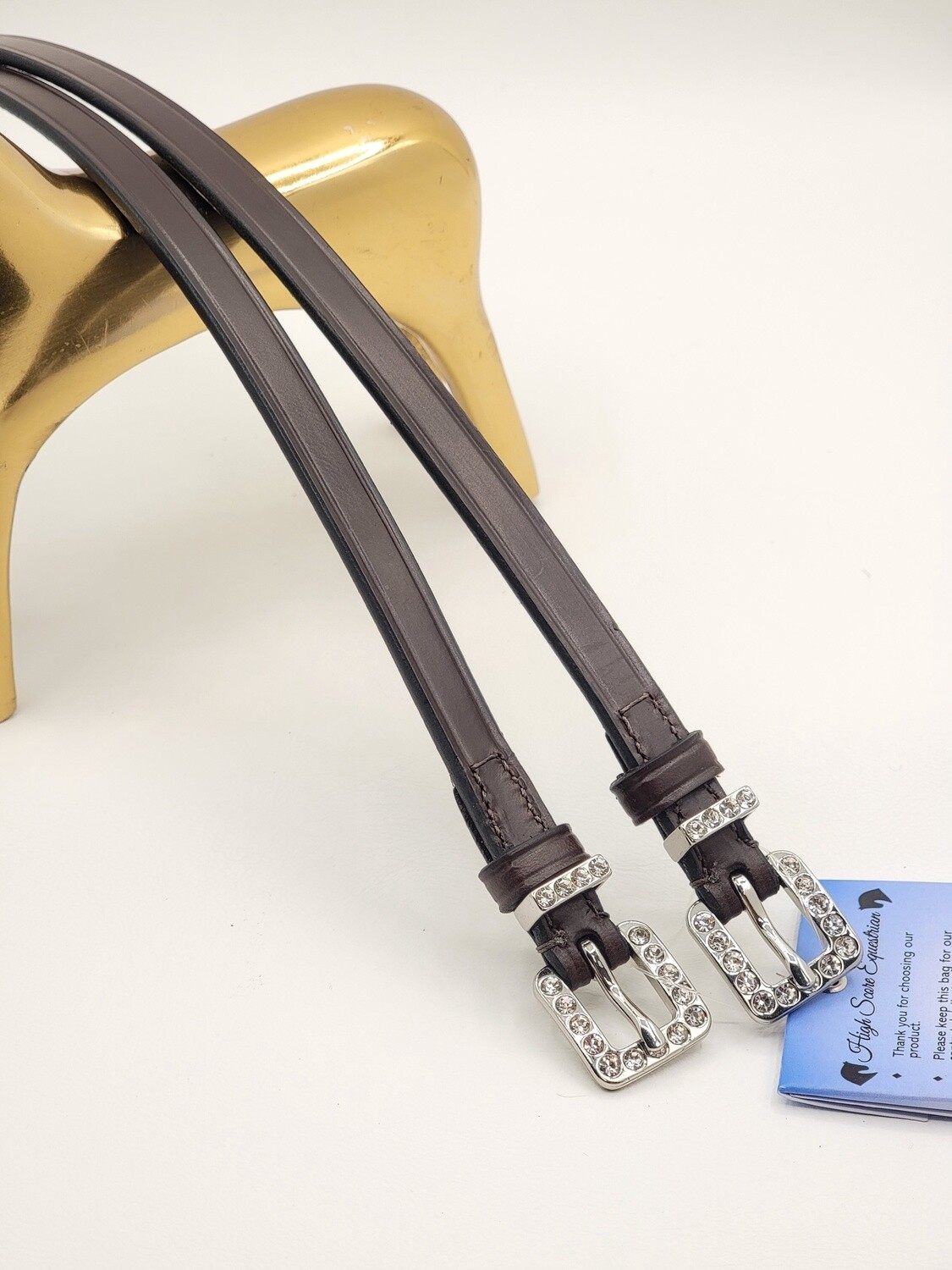Clear Crystal Inlay Buckle &amp; Keeper - High Quality English Leather - BROWN Spur Straps