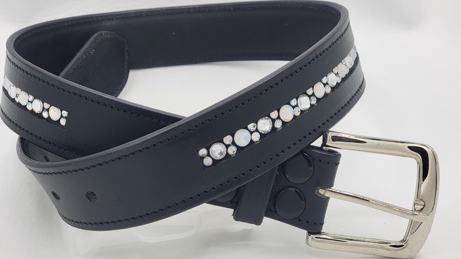 Clear and Opal 1 Row - Mix Pattern “NO SNAG” Glass Crystal – High Quality BLACK Leather Belt - “EASY SWITCH” Snap On/Off Buckle