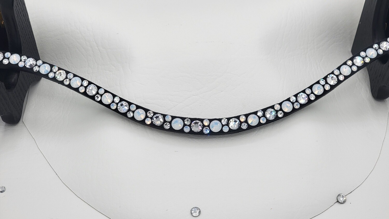 Clear and Opal &quot;NO SNAG&quot; Mix Pattern Hot Fix Glass Crystal Easy Snap On/Off – BLACK Leather Browband