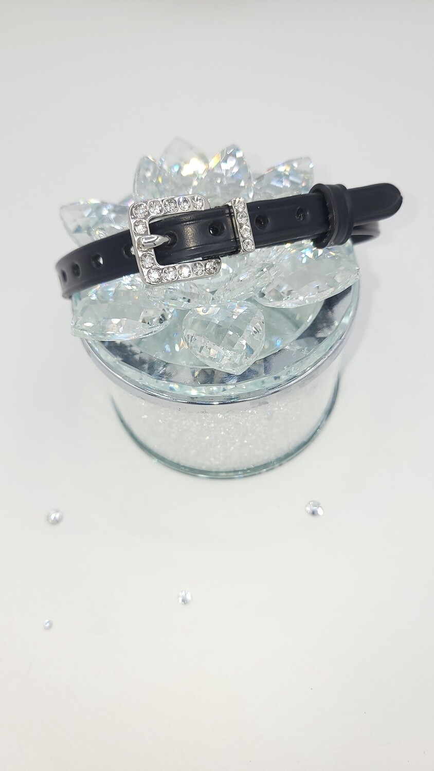 Clear Crystal Inlay Buckle &amp; Keeper - High Quality English Leather - BLACK Spur Straps