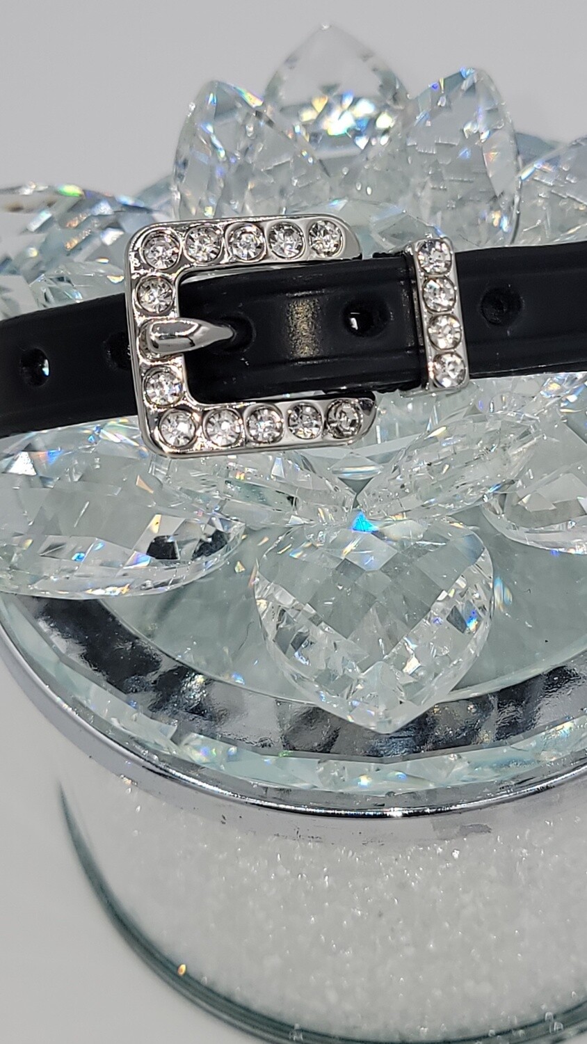 Clear Crystal Inlay Buckle &amp; Keeper - High Quality English Leather - BLACK Spur Straps