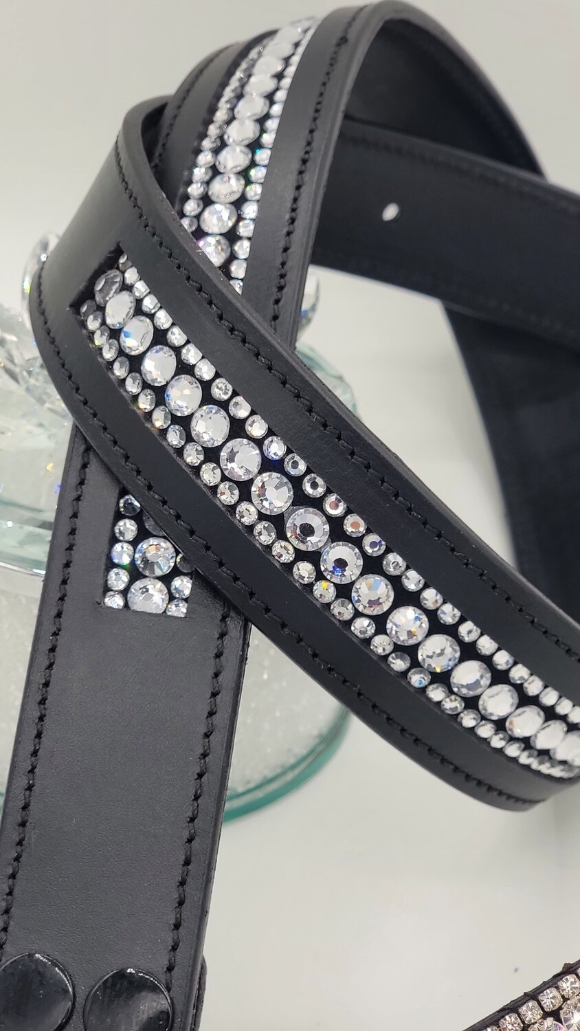 Clear 3 Row - “NO SNAG” Glass Crystal – High Quality BLACK Leather Belt - “EASY SWITCH” Snap On/Off Buckle