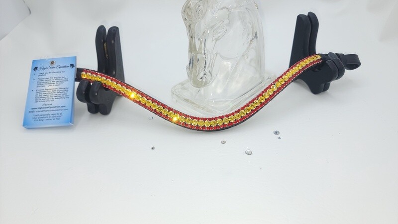 Colors of Spain - Citrine and Siam 3 Row PRECIOSA Glass Crystal Easy Snap On/Off – BLACK Leather Browband