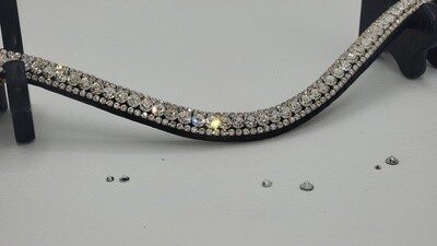 Crystal Clear 3 Row!!! - PRECIOSA Glass Crystal- Easy On/Off Crystal Rivet Button Closure BLACK Leather Browband