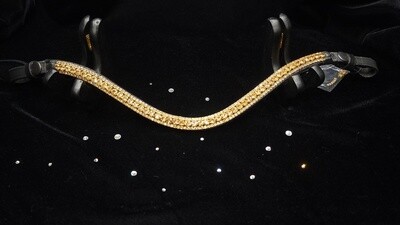 GOLD - All the Way Baby! 3 Row PRECIOSA Glass Crystal Easy Snap On/Off – Leather Browband