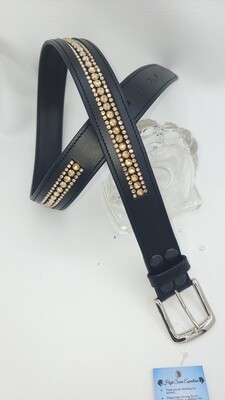 Gold - Brilliant 3 Row “NO SNAG” Hot Fix Glass Crystal High Quality Leather Belt with “EASY SWITCH” Snap On/Off Buckle