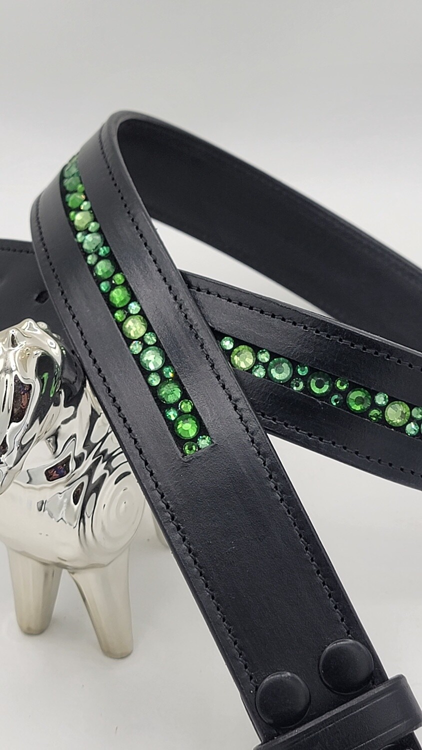 Green Tourmaline, Fern Green, Ernite 1 Row - Mix Pattern “NO SNAG” Glass Crystal – High Quality BLACK Leather Belt - “EASY SWITCH” Snap On/Off Buckle