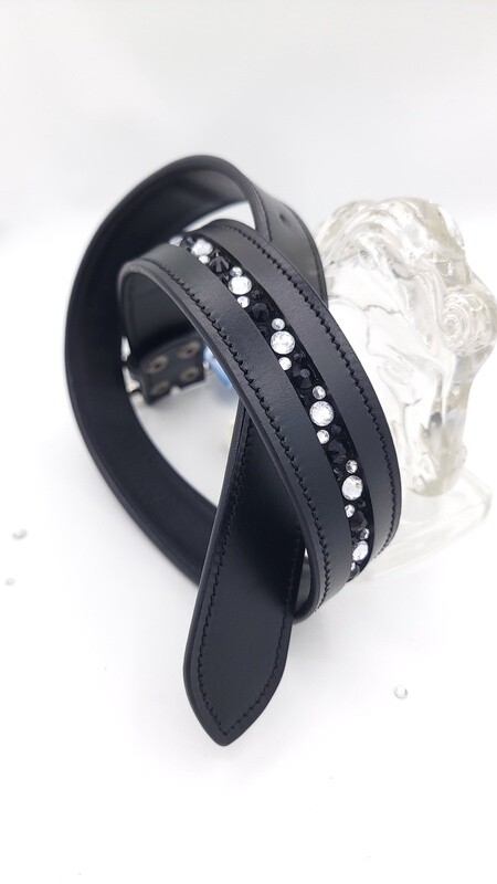 Jet Black and Clear 1 Row - Mix Pattern “NO SNAG” Glass Crystal – High Quality Leather Belt - “EASY SWITCH” Snap On/Off Buckle