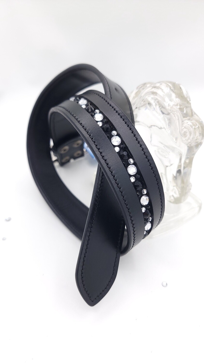 Jet Black and Clear 1 Row - Mix Pattern “NO SNAG” Glass Crystal – High Quality BLACK Leather Belt - “EASY SWITCH” Snap On/Off Buckle