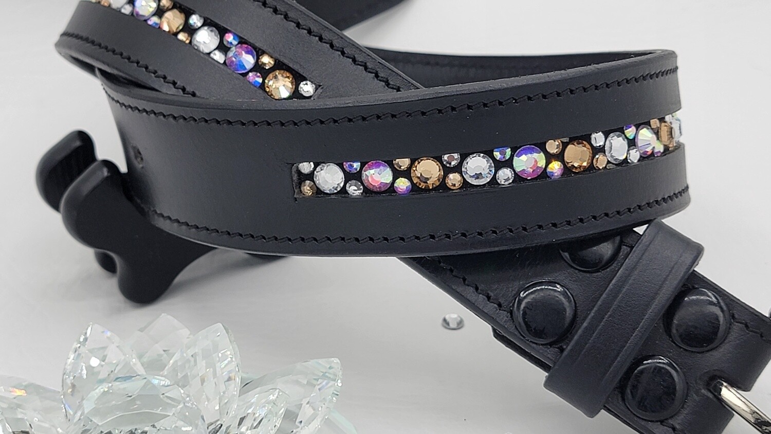 Light Colorado Topaz, AB Clear 1 Row - Mix Pattern “NO SNAG” Glass Crystal – High Quality BLACK Leather Belt - “EASY SWITCH” Snap On/Off Buckle