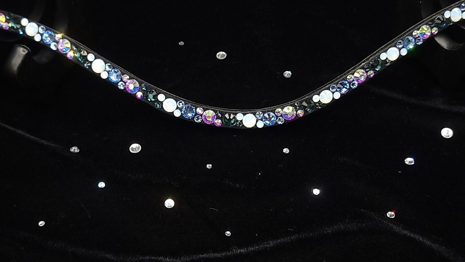 Lt. Sapphire, Montana, Opal and Iridescent Mix Hot Fix “NO SNAG” Glass Crystal - Easy On/Off Snap BLACK Leather Browband