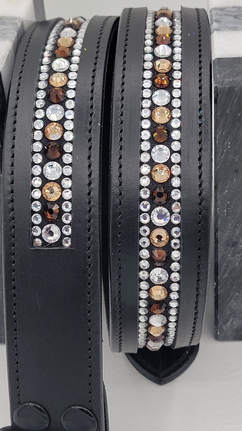 Lt. Topaz, Mocha and Clear 3 Row - “NO SNAG” Glass Crystal – High Quality BLACK Leather Belt - “EASY SWITCH” Snap On/Off Buckle Lt. Topaz, Mocha and Clear 3 Row - “NO SNAG” Glass Crystal – High Quality BLACK Leather Belt - “EASY SWITCH” Snap On/Off Buckle