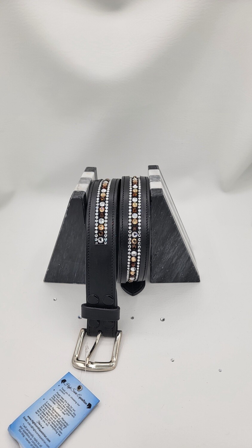 Lt. Topaz, Mocha and Clear 3 Row - “NO SNAG” Glass Crystal – High Quality BLACK Leather Belt - “EASY SWITCH” Snap On/Off Buckle