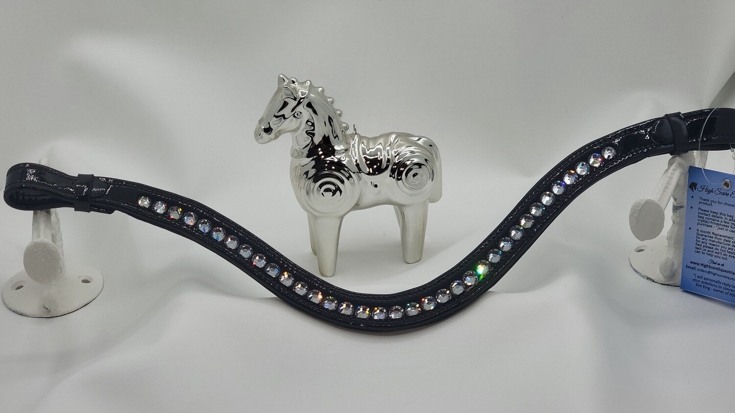Clear Crystal 1 Row 40ss Preciosa Crystals HOT FIX &quot;No Snag&quot; Browband 40ss Rolled Edge BLACK PATENT Leather Browband