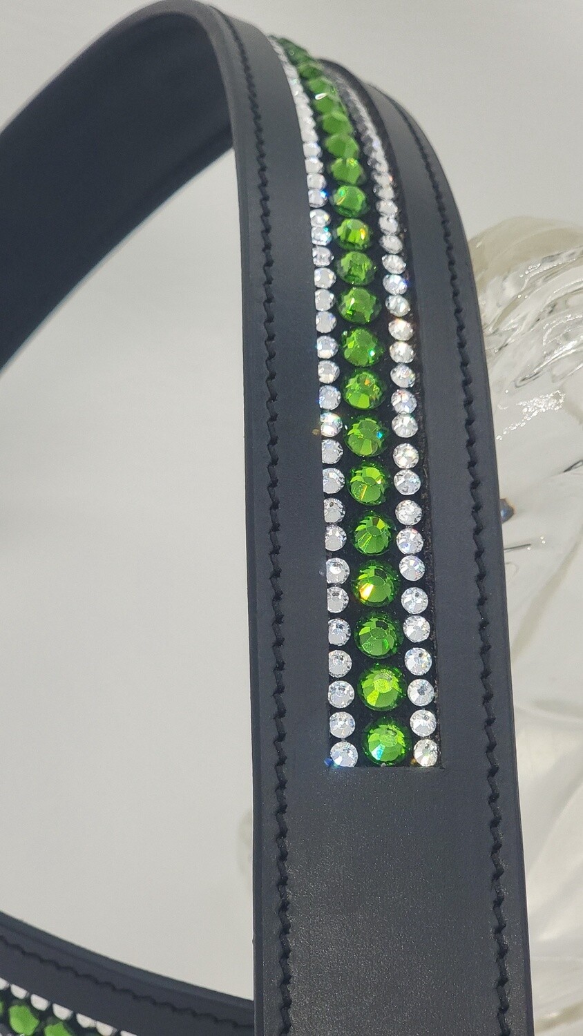 Peridot Green and Clear 3 Row - “NO SNAG” Glass Crystal – High Quality BLACK Leather Belt - “EASY SWITCH” Snap On/Off Buckle