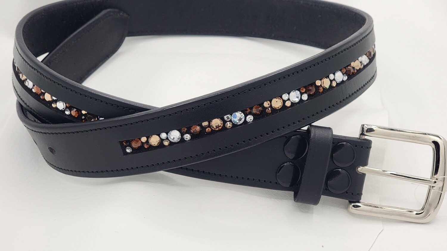 Mocha, Smoke Topaz, Clear 1 Row - Mix Pattern “NO SNAG” Glass Crystal – High Quality BLACK Leather Belt - “EASY SWITCH” Snap On/Off Buckle