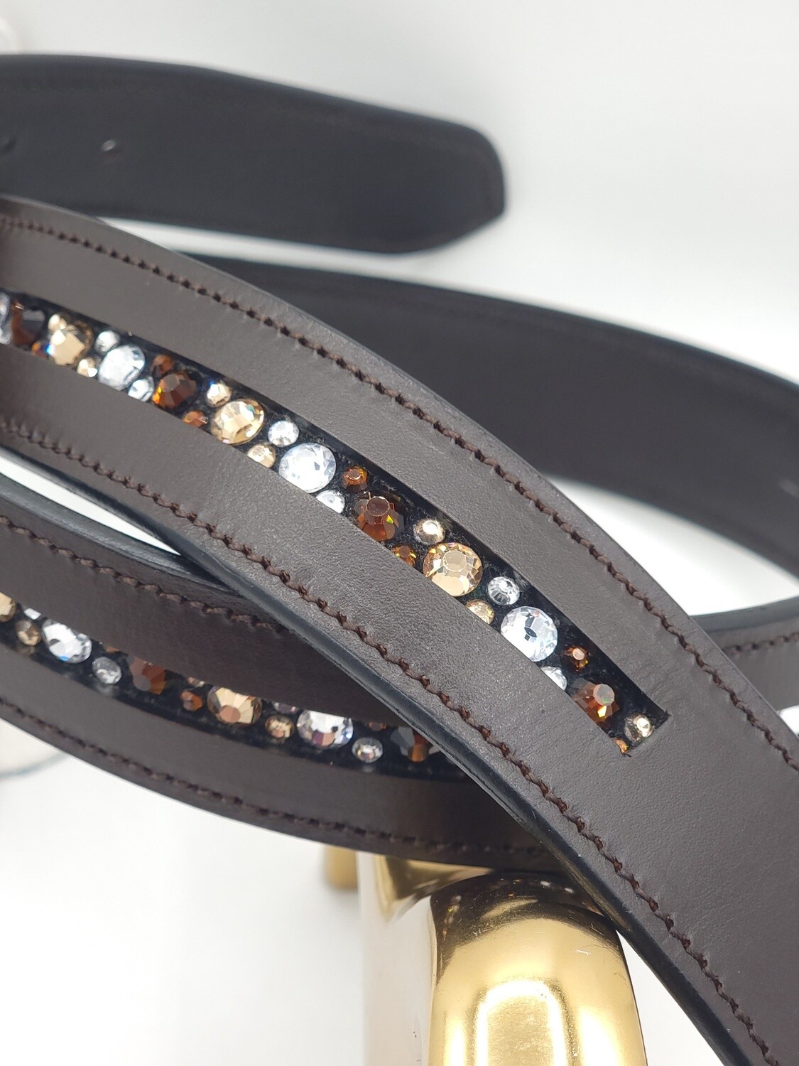 Mocha, Lt Topaz and Clear 1 Row - Mix Pattern “NO SNAG” Glass Crystal – High Quality BROWN Leather Belt - “EASY SWITCH” Snap On/Off Buckle