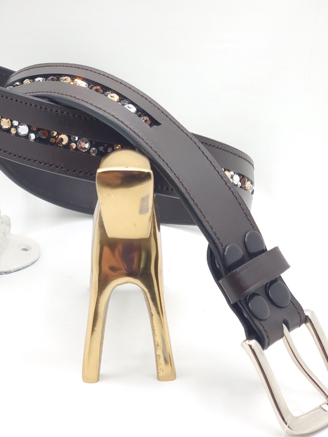 Mocha, Lt Topaz and Clear 1 Row - Mix Pattern “NO SNAG” Glass Crystal – High Quality BROWN Leather Belt - “EASY SWITCH” Snap On/Off Buckle