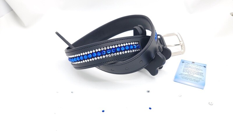 Sapphire  and Clear - Brilliant 3 Row - “NO SNAG” Glass Crystal – High Quality Leather Belt - “EASY SWITCH” Snap On/Off Buckle