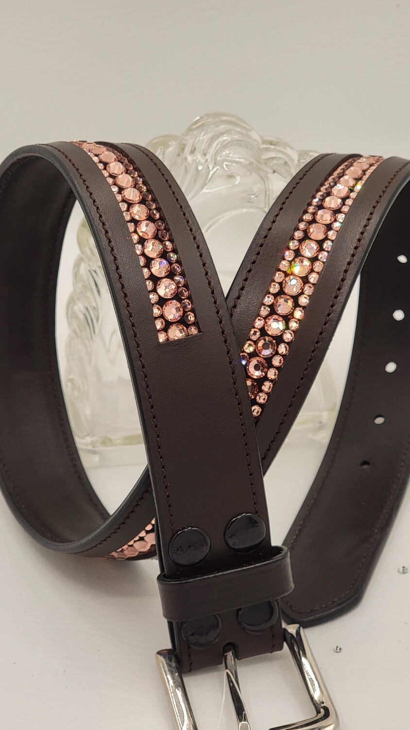 Rose Gold 3 Row - “NO SNAG” Glass Crystal – High Quality BROWN Leather Belt - “EASY SWITCH” Snap On/Off Buckle