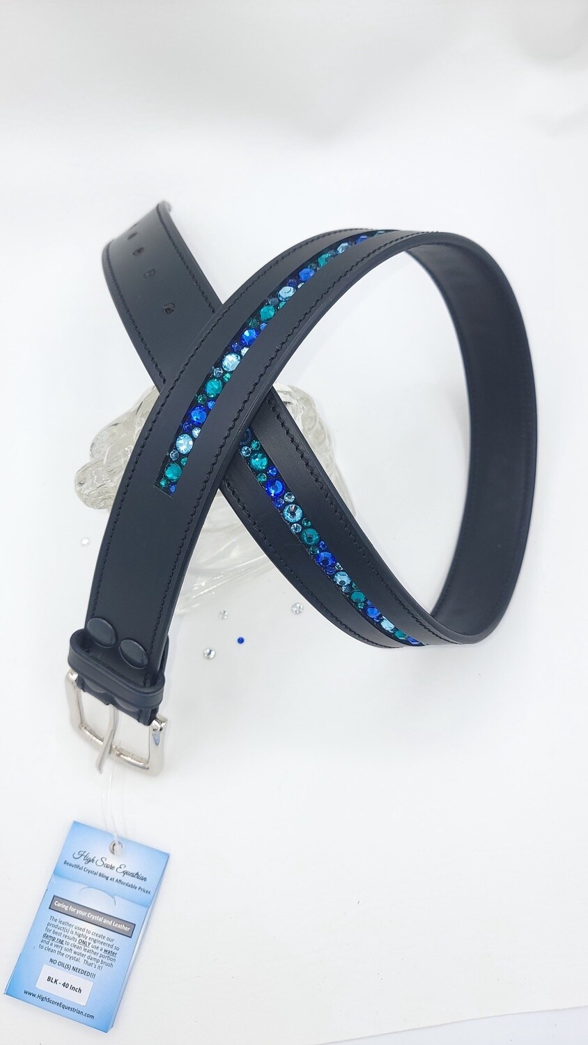 Sapphire, Blue Zircon, Aquamarine (Colors of the Caribbean)  1 Row - Mix Pattern “NO SNAG” Glass Crystal – High Quality BLACK Leather Belt - “EASY SWITCH” Snap On/Off Buckle