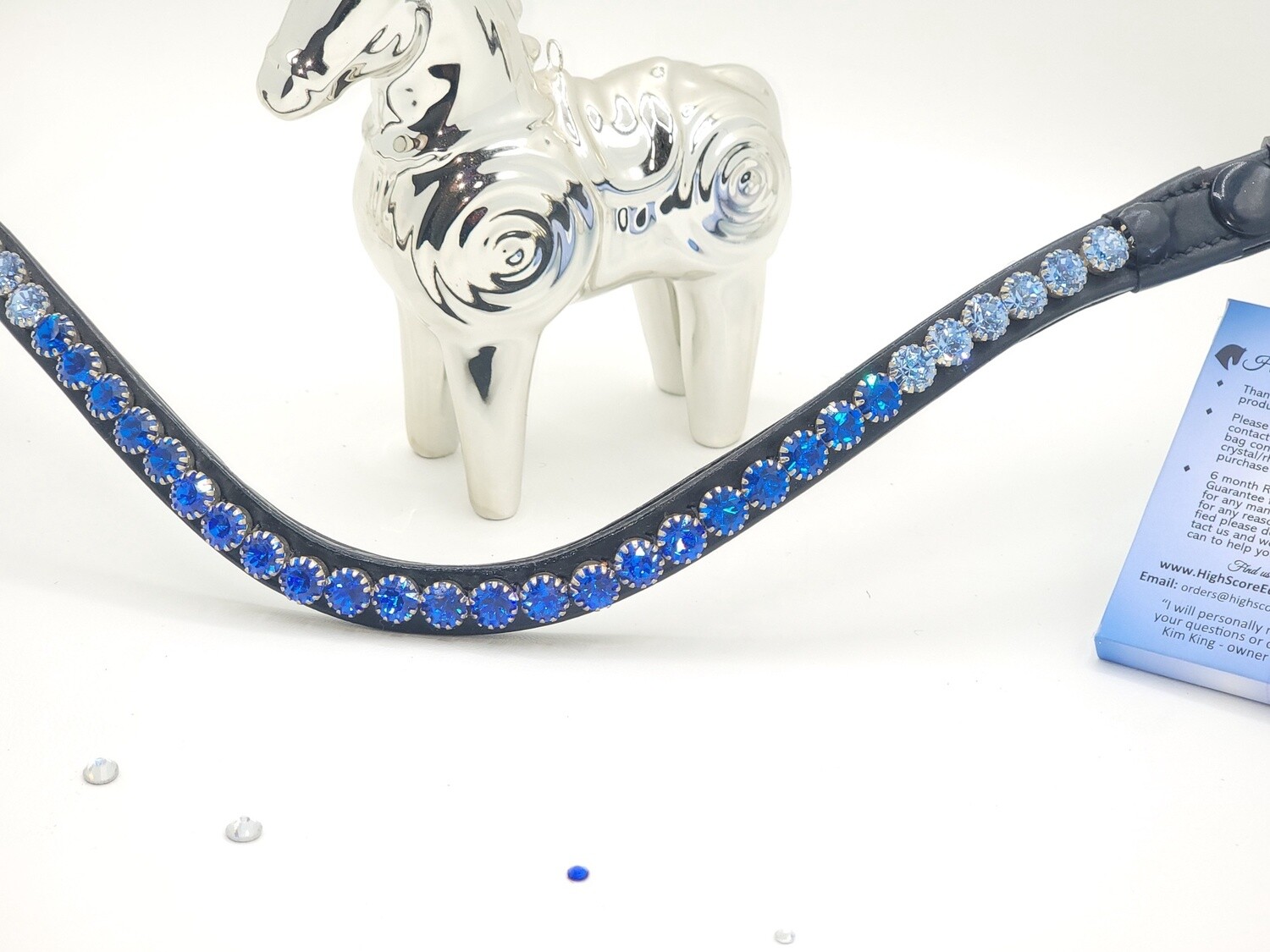 Sapphire, Capri Blue, Lt Sapphire Ombre 1 Row 40ss PRECIOSA Glass Crystal - Easy On/Off Snap BLACK Leather Browband