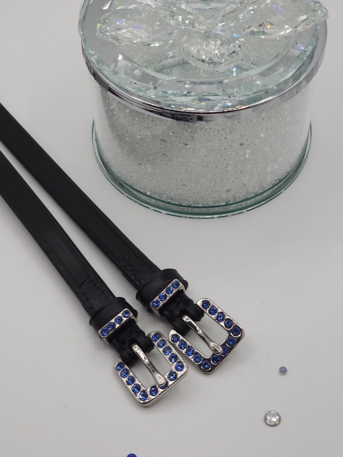 Med. Sapphire Crystal Inlay Buckle &amp; Keeper - High Quality English Leather - BLACK Spur Straps
