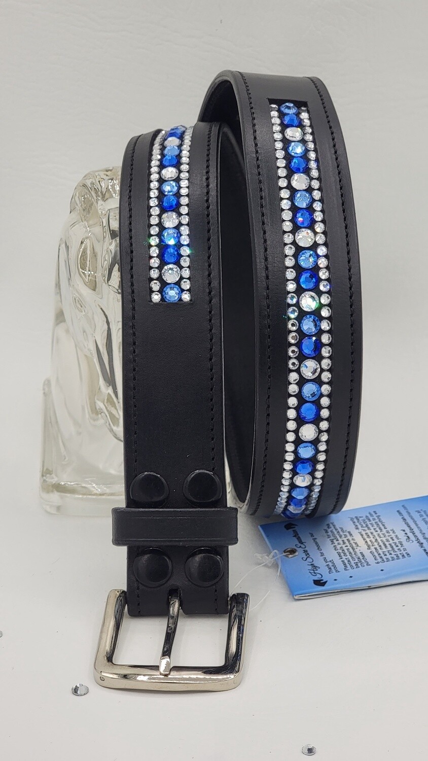 Sapphire, Lt. Sapphire, Clear - 3 Row “NO SNAG” Hot Fix Glass Crystal  BLACK or BROWN  Buffalo BLACK or BROWN Leather Belt with “EASY SWITCH” Snap On/Off Buckle
