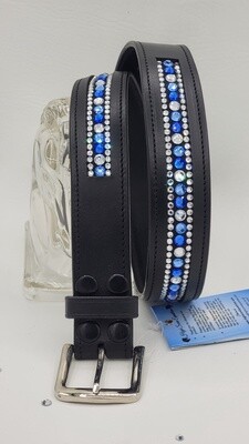 Sapphire, Lt. Sapphire, Clear - 3 Row “NO SNAG” Hot Fix Glass Crystal High Quality Leather Belt with “EASY SWITCH” Snap On/Off Buckle