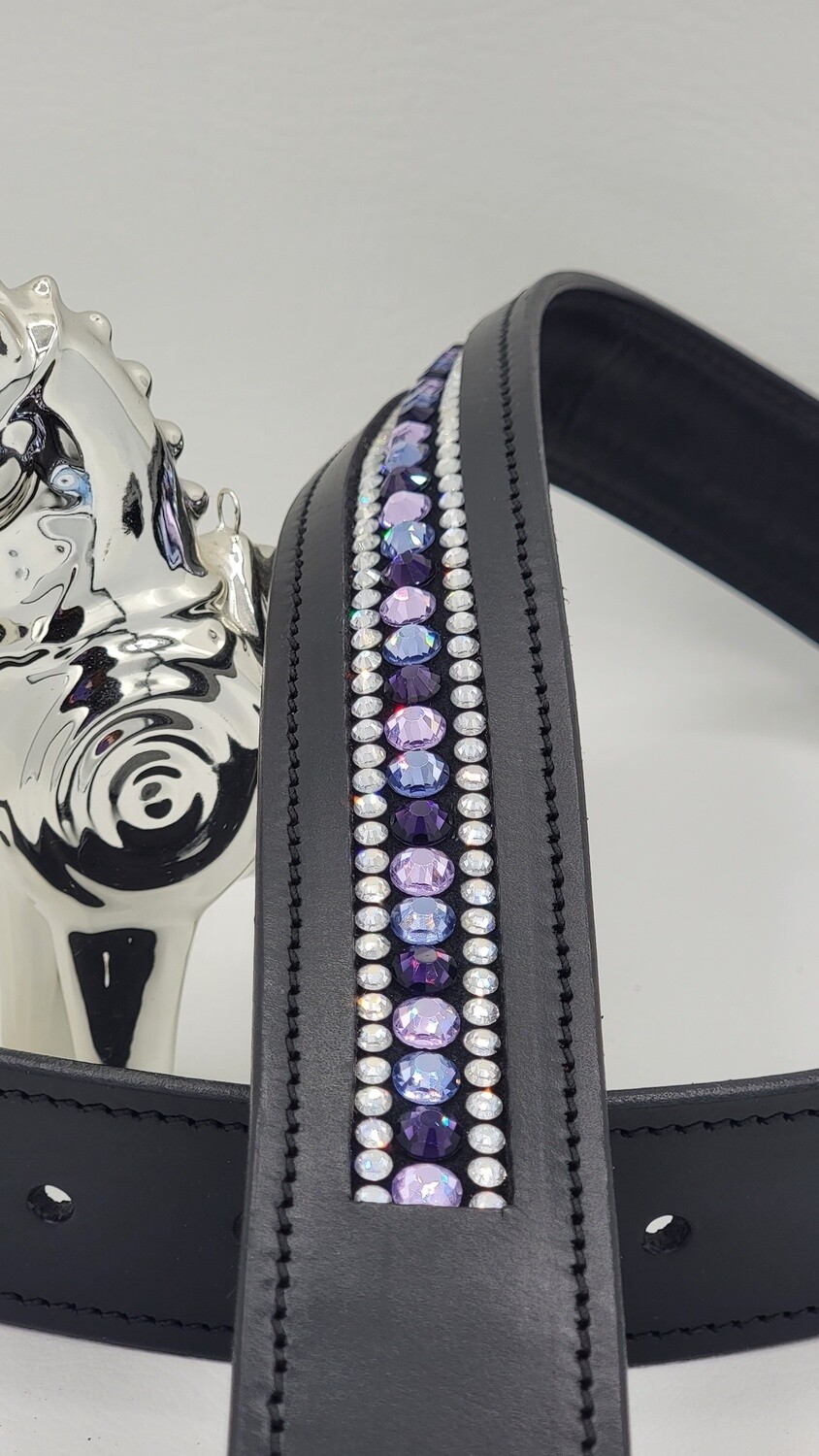 Violet, Tanzanite and Deep Tanzanite - 3 Row - “NO SNAG” Glass Crystal – High Quality BLACK Leather Belt - “EASY SWITCH” Snap On/Off Buckle