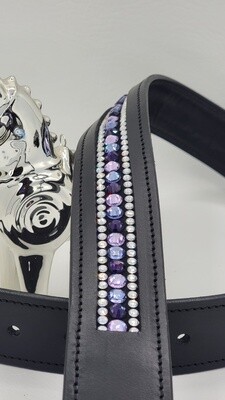 Violet, Tanzanite and Deep Tanzanite - 3 Row - “NO SNAG” Glass Crystal – High Quality BLACK Leather Belt - “EASY SWITCH” Snap On/Off Buckle