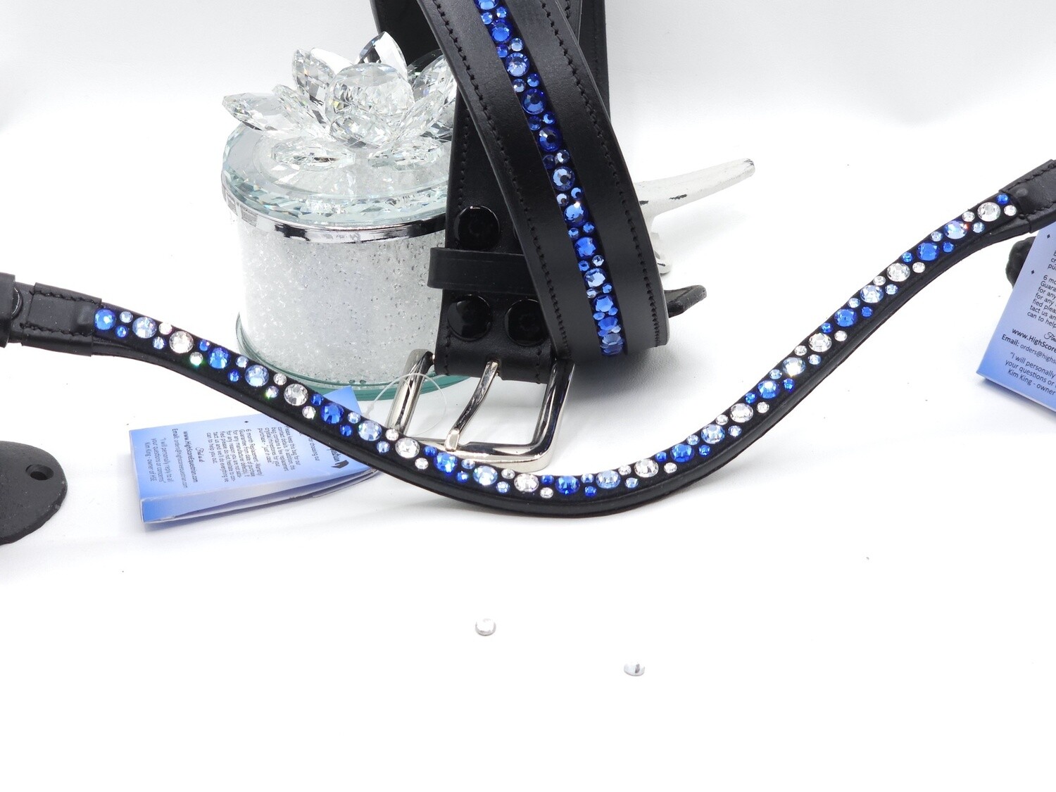 Sapphire, Lt. Sapphire and Clear Mix Hot Fix “NO SNAG” Glass Crystal - Easy On/Off Snap BLACK Leather Browband