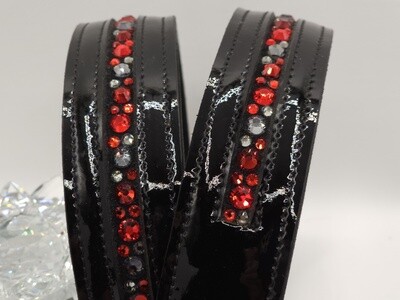 Patent Leather -Siam, Lt. Siam (Red) and Black Diam Dazzling Mix Pattern “NO SNAG” Hot Fix Glass Crystal - High Quality Leather Belt with “EASY SWITCH” Snap On/Off Buckle