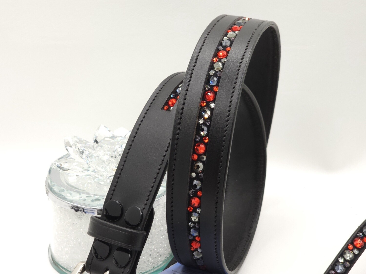 Black Diamond, Graphite and Siam Red Mix Pattern “NO SNAG” Hot Fix Glass Crystal – High Quality BLACK Leather Belt - “EASY SWITCH” Snap On/Off Buckle