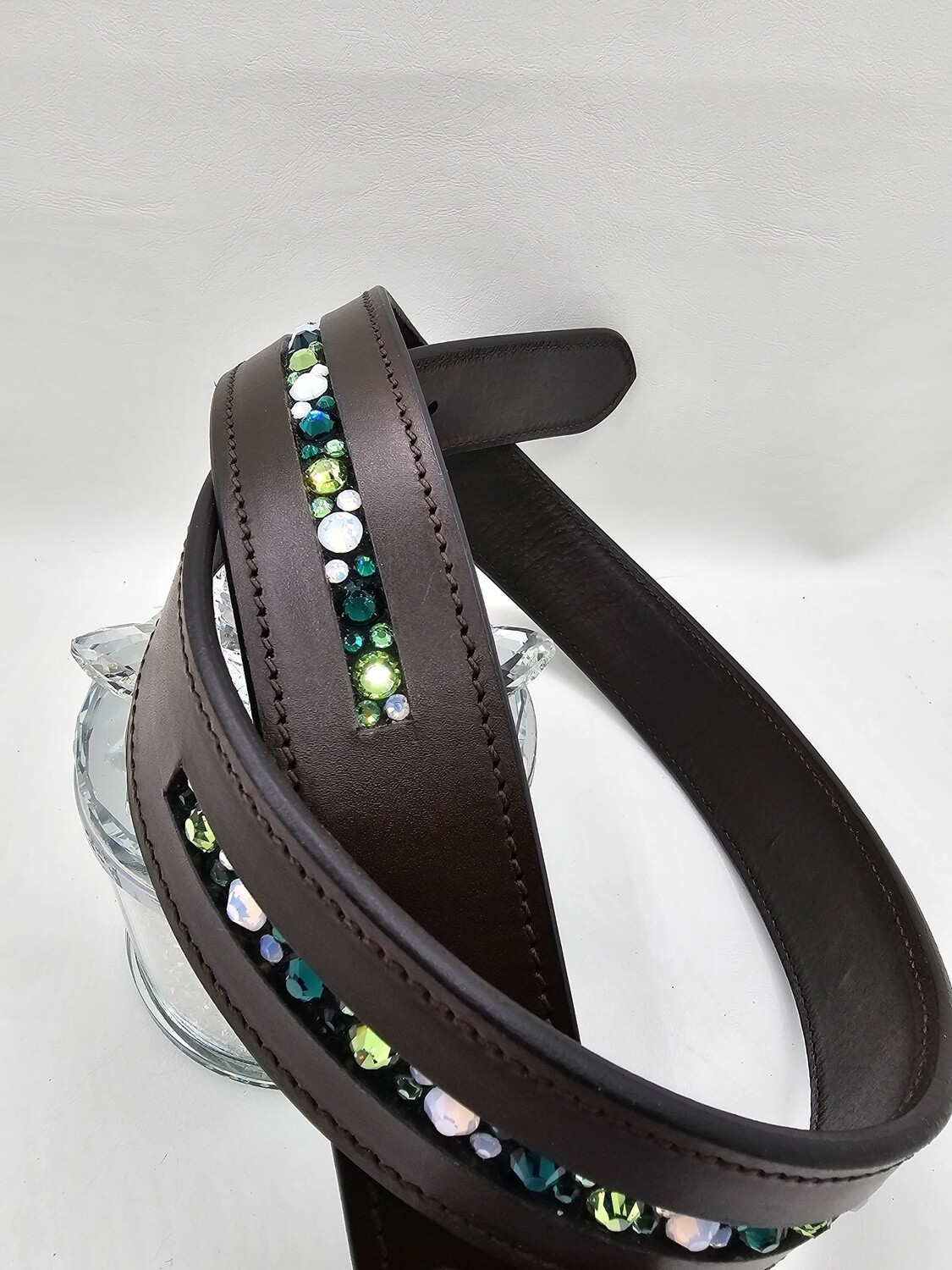 Emerald Green and Opal 1 Row - Mix Pattern “NO SNAG” Glass Crystal – High Quality BROWN Leather Belt - “EASY SWITCH” Snap On/Off Buckle