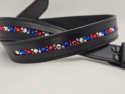 1 Row Red White and Blue - Dazzling Mix Pattern “NO SNAG” Hot Fix Glass Crystal - High Quality Leather Belt with “EASY SWITCH” Snap On/Off Buckle