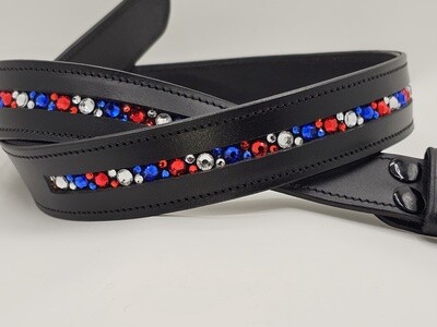 Red White (Clear) and Blue 1 Row - Mix Pattern “NO SNAG” Glass Crystal – High Quality BLACK Leather Belt - “EASY SWITCH” Snap On/Off Buckle