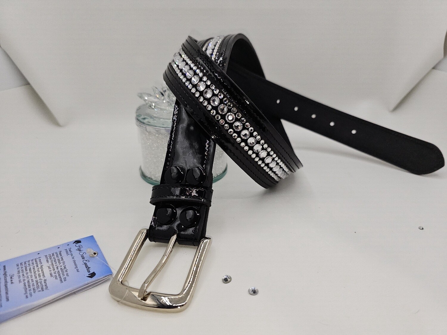 Clear Crystal 3 Row - “NO SNAG” Glass Crystal – High Quality BLACK PATENT Leather Belt - “EASY SWITCH” Snap On/Off Buckle