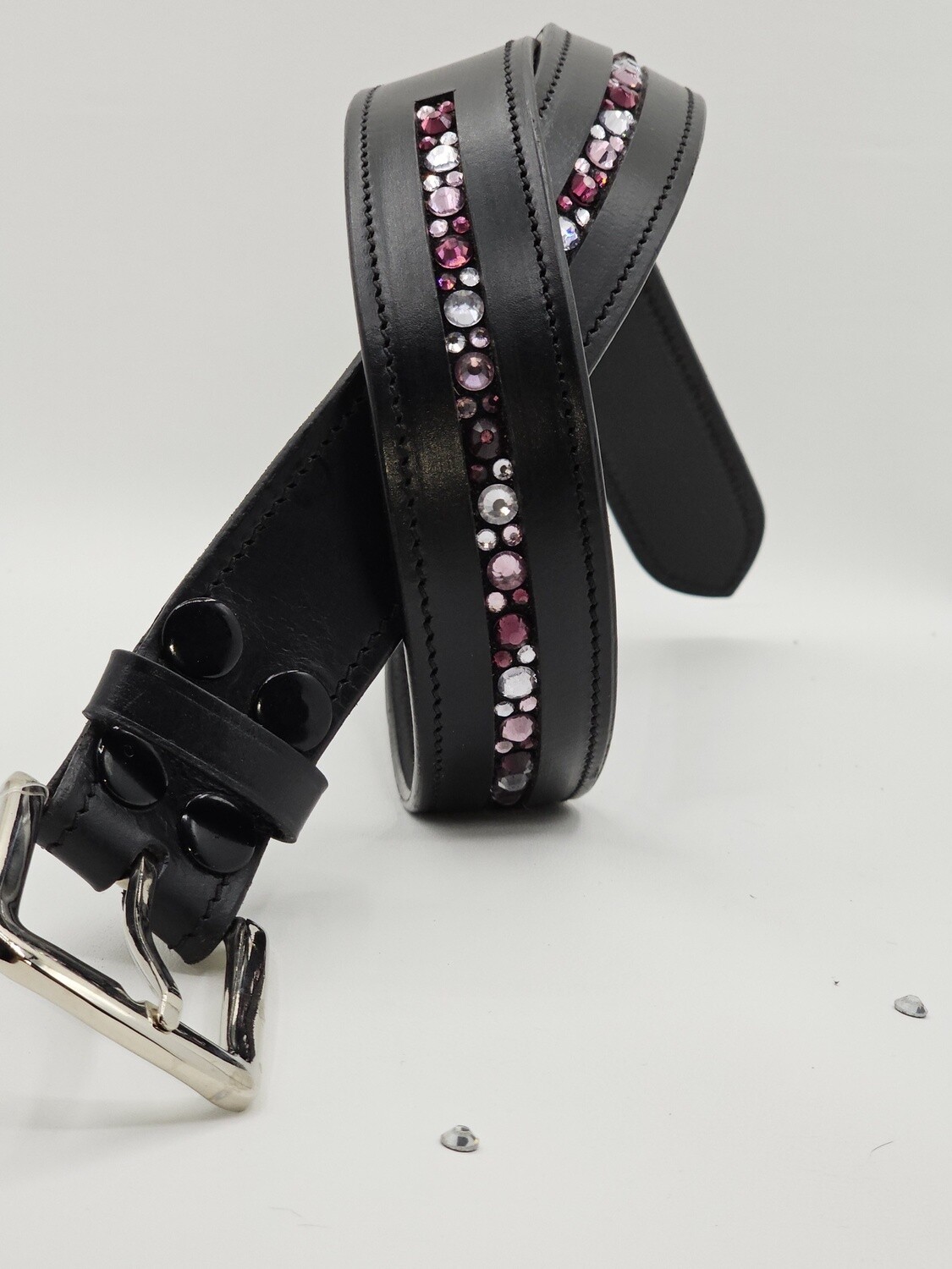 Amethyst, Lt. Amethyst and Clear 1 Row - Mix Pattern “NO SNAG” Glass Crystal – High Quality BLACK Leather Belt - “EASY SWITCH” Snap On/Off Buckle