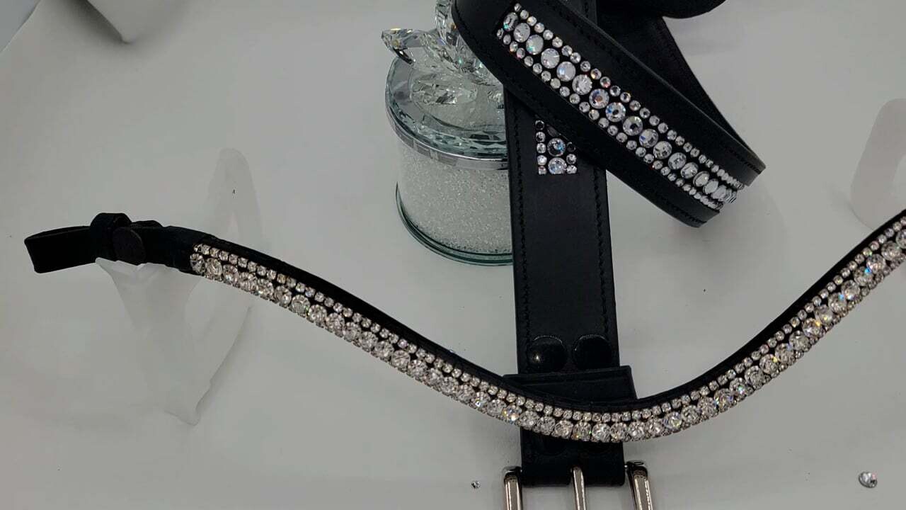 Crystal Clear 3 Row!!! - PRECIOSA Glass Crystal- Easy On/Off Crystal Rivet Button Closure BLACK Leather Browband
