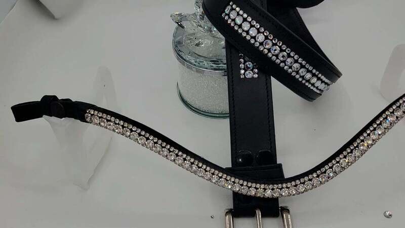 Crystal Clear 3 Row!!! - PRECIOSA Glass Crystal Easy Snap On/Off Black Leather Browband